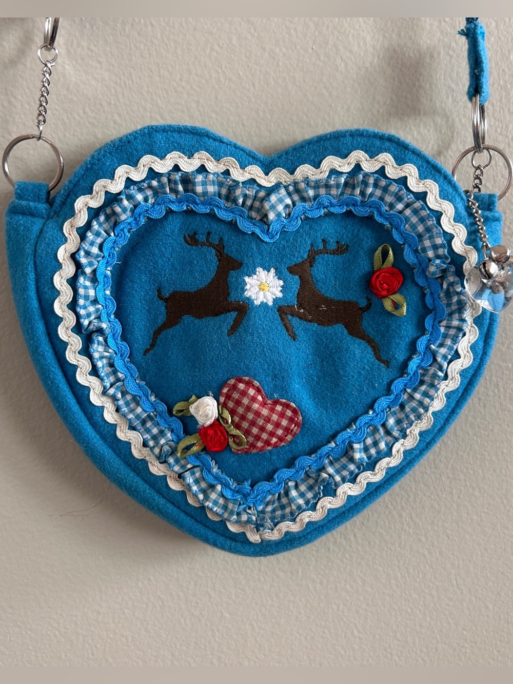 Blue Heart Crossbody Bag with Embroidered Deer